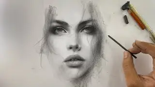 Draw a young girls portrait in Charcoal