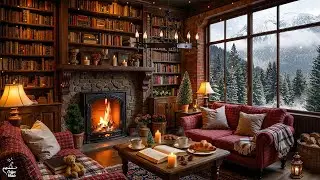Cozy Library Coffee Ambience with Tranquil Winter Morning Jazz ~ Soft Jazz & Snowfall for Relaxing