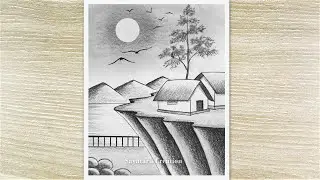 Sunset Scenery Drawing with Pencil, Drawing Tutorial for Beginners Scenery