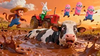 Cow Stuck in Mud! Smart Monkey Uses Big Red Tractor 🚜💪🐮
