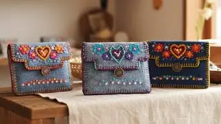 Mini cartera artesanal con denim reciclado y abalorios bordados /eco accesorios 