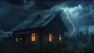 Rain Pouring on Stone Courtyard of Temple in Misty Forest with Distant Thunder