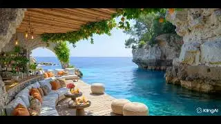 A sea of ​​joy, emotions in a cafe on the seashore  Relaxation, music, 4K