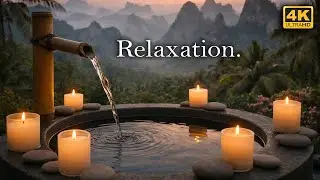 Relaxing Music, Bamboo Water Fountain, Mountain Peaks, 🌿 Sleep, Meditation, Stress Relief 4K