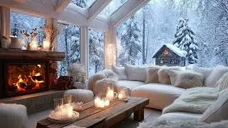 Soft Sleep Piano with Warm Fire and Gentle Snowfall in a Cozy Comfort Room for Quiet Night Rest