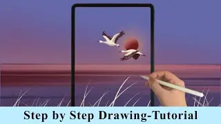 Cranes (Bird) Flying Across Lake at Dawn iPad Procreate Drawing - Step by Step Drawing Tutorial