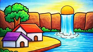 Simple Village Scenery Drawing | Easy Sunset Landscape Art for Beginners