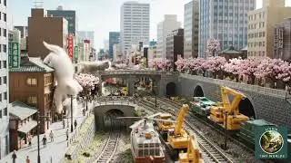 🐱🇯🇵🚂 White Kittens Playfully Explore a Miniature Train Diorama in a Vibrant Urban Japanese Cityscape