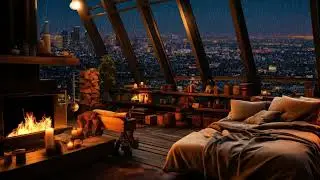 Heavy Rain on Slanted Windows | Cozy Loft Fireplace & City Lights for Focus and Calm