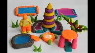DIY How To Make Polymer Clay Miniature Temple ,Water Wells, Fire, Tree, Doll and Gross ,Clay combo..