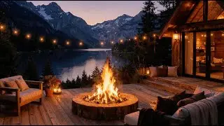 Mountain Lake Firepit on the Cabin Deck | Cozy Night Ambience | ASMR Fire Crackle + Nature Sounds