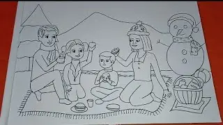 How to draw family picnic // Drawing of winter picnic// Picnic drawing
