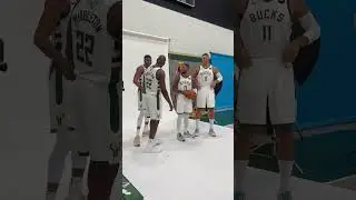 Damian Lillard poses with Giannis, Khris Middleton, and Brook Lopez for Bucks Media Day 🔥