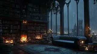 Rainy Night in a Grand Castle Library | Fireplace & Candlelight Ambience
