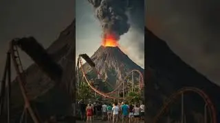 Rollercoaster with the greatest view of a volcano erupting with lava 😍🤯