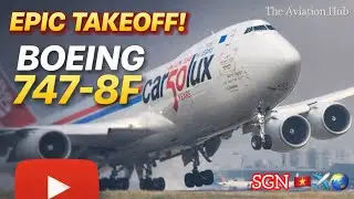 Взлет тяжелого грузового самолета Boeing 747-8F в международном аэропорту #boeing #b747 #груз #ав...