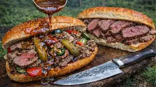CHICAGO-STYLE ITALIAN BEEF SANDWICH 🥩 | BUSHCRAFT OUTDOOR COOKING IN THE WILD 🔥