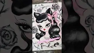 🖤🩷 kitten doll with pink bow. Drawing in watercolor  #pastelgoth #watercolorpainting