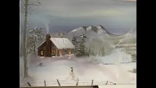 OIL PAINTING - winter view with a house and snow man