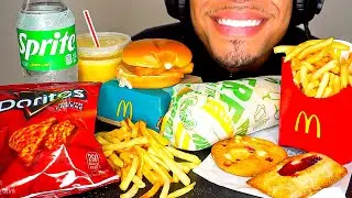 MCDONALD’S VS SUBWAY CHEESEBURGER 6 INCH TUNA SANDWICH DORITOS CRUNCHY CHIPS FRENCH FRIES EATING MUK
