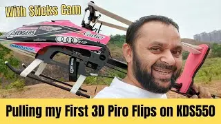 KDS Innova 550 RC helicopter my First Pyro flips with Sticks Cam