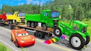 Flatbed Trailer McQueen Transportation with Truck - Speedbumps vs Cars vs Train #38 - BeamNG.Drive
