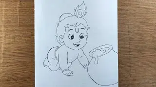Krishna found pot makan easy pencil drawing | janmashtami bal krishna art