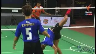 A man wearing only one shoe is fighting a man who is doing a somersault kick. #sports #teqball 