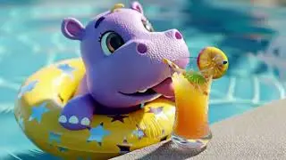 Cute Baby Hippo Jumps in the Pool and Drinks Juice Fun 3D Animation