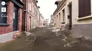 Inondation par la mer prévue en 2100 dans une rue d'Etretat