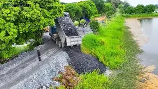 Skill Driver Bulldozer Push Rocks & Stone into water, Dump Truck unloading