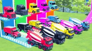 Garage with Colors - ALL MIXER TRUCK WITH DOUBLE FLATBED TRAILER TRUCK, PETERBILT, SCANIA, KENWORTH