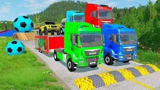 Double Flatbed Trailer Truck vs Speedbumps Train vs Cars | Tractor vs Train Beamng.Drive 0122