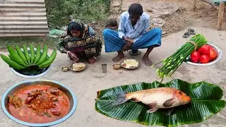 AMERICAN FISH with BANANA & SPRING ONION curry cooking&eating tribal family || american maach recipe