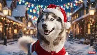 Merry Christmas! The cute Siberian Husky  is excited about the snow on Christmas Day
