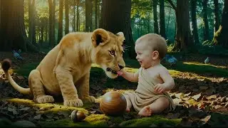 cute baby and a lion cub together in the jungle! 🦁👶Their adorable friendship will melt your heart ❤️