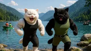Bodybuilder Black Cat & Bodybuilder White Cat: A Journey from Park to the Lake#trending cats#viral#