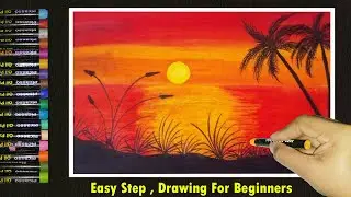 How To Draw Sunset Nature Scenery | Easy Sunset Scenery Drawing | Sunset Scenery For Beginners