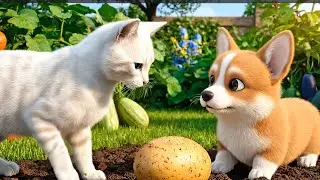 Corgi   &   Bengal   Cats   Harvest   Vegetables   in   the   Garden
