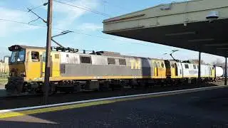Southbound freight trains on NIMT wth Brush Traction electric locomotives, New Zealand Railway