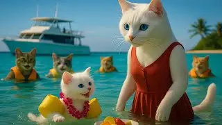 Mama Cat & Kitten&rsquo;s Hawaiian Vacation | White Kitten&rsquo;s First Ocean Adventure