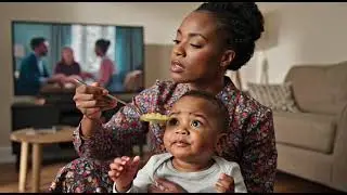 Feeding baby while watching favorite TV program isn't easy!