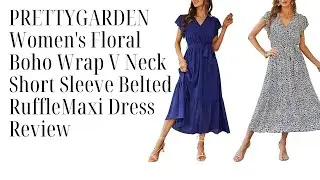 PRETTYGARDEN Women's Floral Boho Wrap V Neck Short Sleeve Belted Ruffle Hem Flowy Maxi Dress Review