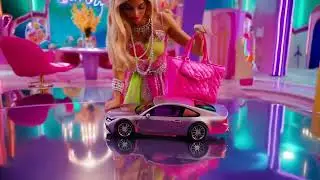 A vibrant movie scene featuring a woman dressed like Barbie