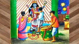 Kali puja scenery drawing step by step/Kali puja drawing with oil pastels/Diwali