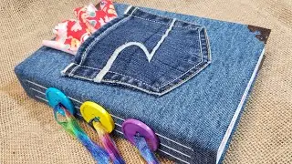 ⭐SOLD⭐  Repurposed Jeans Denim Journal, Unembellished Blank Book with Colorful Pages and Pocket