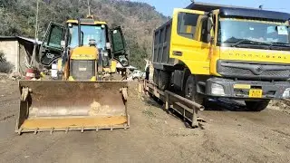 Jcb 3dx backhoe loader lodging mud in dumper tata on tractor trailer mandira Tipper Dimper /jcb 3dx