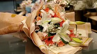 How to make fresh flower bouquet#pink flower bouquet#white centre lily flower bouquet#diy flowergift