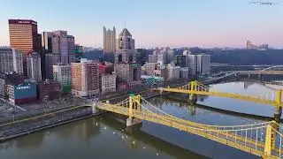 Aerial #drone video of Sunrise over Sister Bridges in Pittsburgh, PA