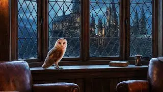 A Cozy Wizard&rsquo;s Study at Hogwarts 🕯️ | Relaxing Harry Potter Ambience | Fireplace, Night Rain & Owl